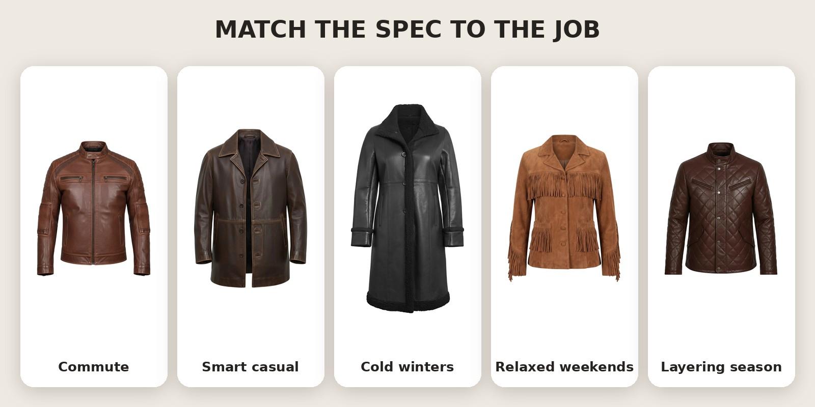 | Five leather jackets labeled commute, smart casual, cold winters, relaxed weekends and layering season