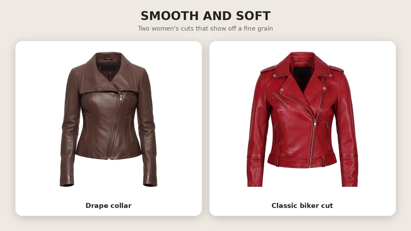 Two women's leather jackets, a brown drape collar style and a red biker style.